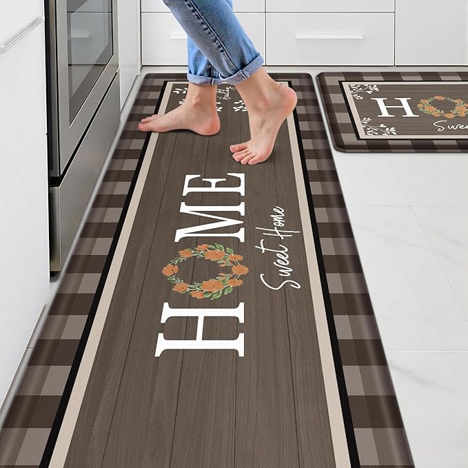 Kitchen Rugs, 2 PCS Kitchen Mats for Floor, Cushioned Non-Slip Anti Fatigue Mats for Kitchen Floor, Kitchen Runner Rugs for Standing Desk, Office, Laundry(17.3’’x 30’’+ 17.3’’x 59’’, Brown
