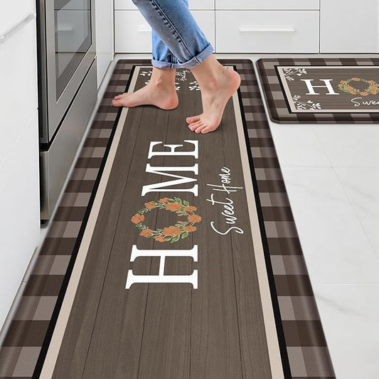 Kitchen Rugs, 2 PCS Kitchen Mats for Floor, Cushioned Non-Slip Anti Fatigue Mats for Kitchen Floor, Kitchen Runner Rugs for Standing Desk, Office, Laundry(17.3’’x 30’’+ 17.3’’x 59’’, Brown
