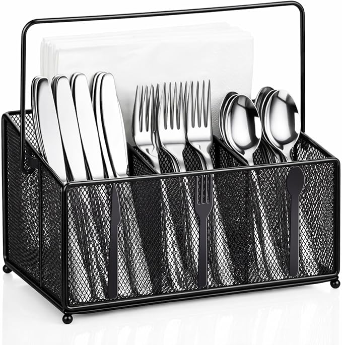 Utensil Caddy for Party, Utensil Organizer Silverware Caddy, 4 Compartment Metal Cutlery Organizer, Fork Spoon Napkin Plate Basket for Kitchen Countertop Buffet Outdoor BBQ Camping Picnic