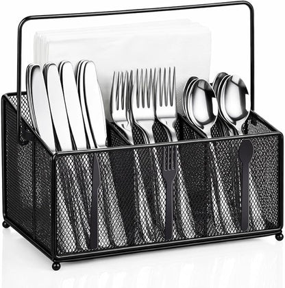Utensil Caddy for Party, Utensil Organizer Silverware Caddy, 4 Compartment Metal Cutlery Organizer, Fork Spoon Napkin Plate Basket for Kitchen Countertop Buffet Outdoor BBQ Camping Picnic