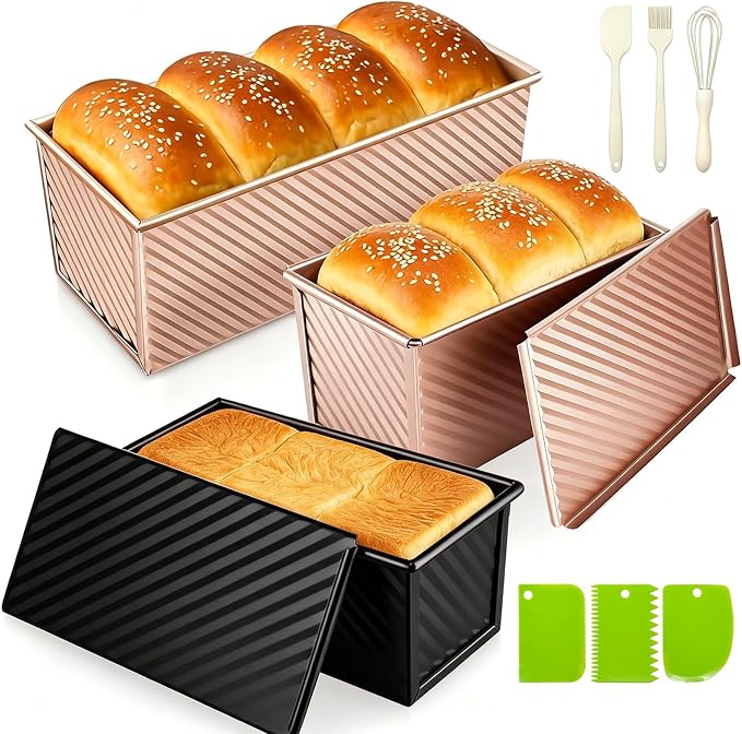 3Pack Pullman Loaf Pans with Lids – 2.2 LB & 1 LB & 1 LB Dough Capacity, Non-Stick Carbon Steel Bread Pans for Homemade Sandwich and Sourdough Bread, Corrugated Toast Mold