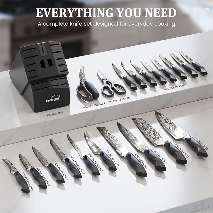 Amorston 22 Pieces Knife Set, Laser Engraved High Carbon Stainless Steel Knife Block Set, Full Tang Professional Kitchen Knife Set with Built-in Sharpener, Fathers Day Gift for Men