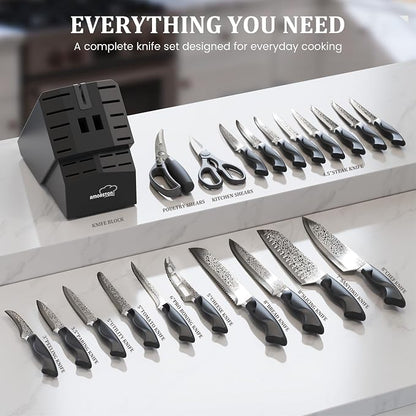 Amorston 22 Pieces Knife Set, Laser Engraved High Carbon Stainless Steel Knife Block Set, Full Tang Professional Kitchen Knife Set with Built-in Sharpener, Fathers Day Gift for Men