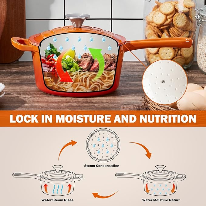 Homikit Small Cast Iron Pot, 2 QT Enameled Cast Iron Sauce Pan with Lid, Heavy Duty Enamel Dutch Oven Kitchen Cookware for Making Pasta, Boiling Soup, Warming Milk, Nonstick & Oven Safe, Flame Orange