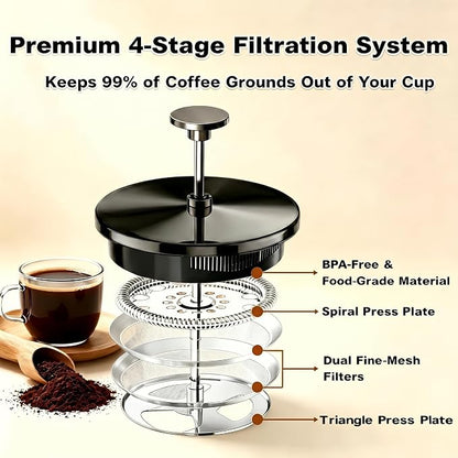 QUQIYSO French Press Coffee Maker, Large Coffee Press with Thick Borosilicate Glass, 304 Stainless Steel Filter, Finish Tea & Cold Brew Coffee Maker for Home, Office, Party, 51oz, Dark Pewter