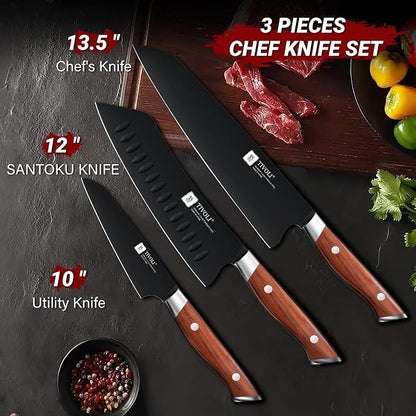 TIVOLI 3 Piece Kitchen Knife Set - High Carbon Steel - Black Blade Rustproof Coating - Chef Knife Set with Ergonomic Wood Handle, Cooking Knives for Meat Vegetable Fruit, Gift Box Sharp Knives