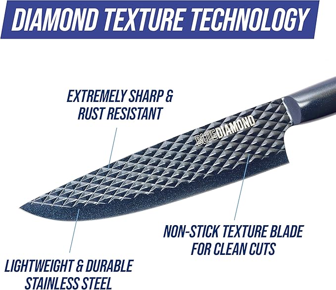 Blue Diamond Sharp Stone Nonstick Stainless Steel Cutlery, 3 Piece Set including Chef Serrated and Pairing Knives with Covers, Diamond Texture Blade, Dishwasher Safe, Blue