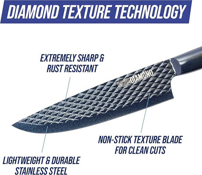 Blue Diamond Sharp Stone Nonstick Stainless Steel Cutlery, 3 Piece Set including Chef Serrated and Pairing Knives with Covers, Diamond Texture Blade, Dishwasher Safe, Blue