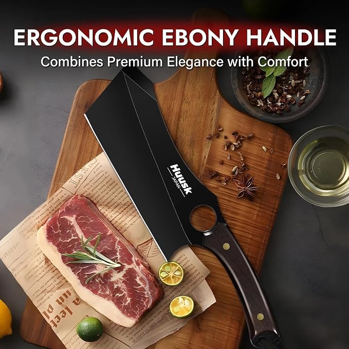 Huusk Meat Cleaver, 6.7 Inch Professional Cleaver Chef Knife with Anti-rust Titanium Coating, Ultra Sharp Vegetable Chopping Knives for Home Kitchen and Restaurant
