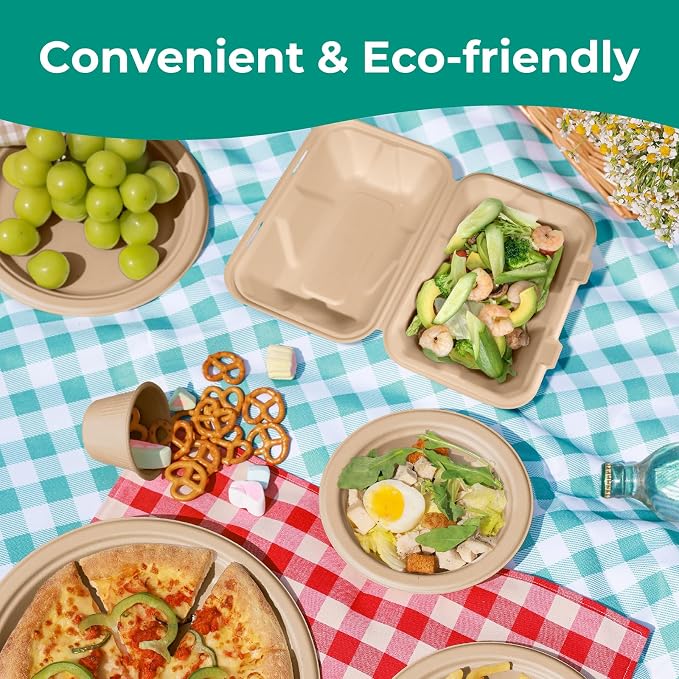 Fit Meal Prep 600 Pack 9x6 Compostable To Go Food Containers, Disposable To Go Boxes for Food, Clamshell Take Out Containers with lids, Eco Friendly Biodegradable, PFAS-Free, Bagasse, Microwave Safe