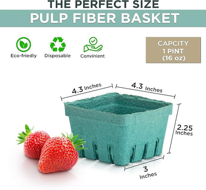 FMP Brands [250 Pack] Pint Green Molded Pulp Fiber Berry Basket Produce Vented Container for Fruit and Vegetable, Farmer Market, Grocery Stores and Backyard Party