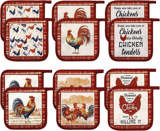Bencailor 12 Pcs Pot Holders with Pocket Kitchen Hot Potholders Hot Pad Oven Mitts Cookie Bag Oven Gloves for Kitchen Gift Baking Cooking(Bright Red,Red Rooster)