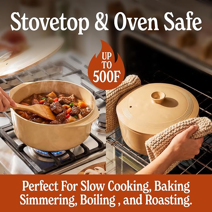 MAGNIFIQUE Slow Cooker, 4.5 Quart 8-in-1 Clay Pot Multi-Cooker, Non-Toxic Slow Cooker with Removable Clay Pot, for Rice, Pasta, Steam & Proof, Nonstick, Oven Safe Pot to 500°F, Brown