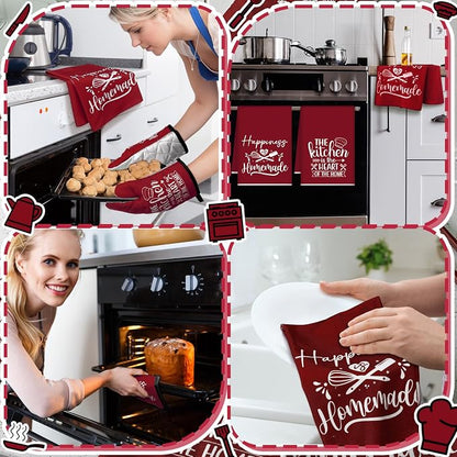 Sratte 6 Pcs Kitchen Decor Accessories Set Farmhouse Towels Pot Holders Oven Mitts Set 2 Dish Towels 2 Potholders 2 Cooking Mittens Oven Glove for Christmas Baking Cooking(Wine Red,Kitchen)