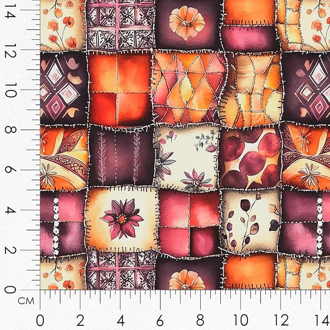 Patchwork Mulled Wine Cotton Fabric Panel – 6 Designs (10×10 inch Each) + Bonus Sheet 29.5×19.6 inch, 100% Cotton 140 GSM, Made in Türkiye