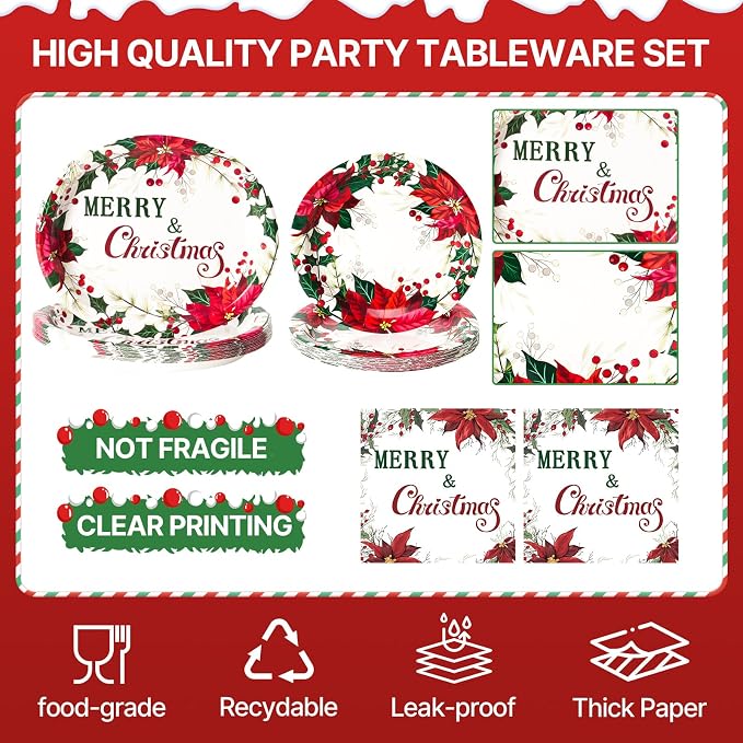 Dereinwo 100 PCS Christmas Paper Plates and Napkins | Bundle Includes Paper Oval Dinner Plates and Napkins for Christmas Party Supplies
