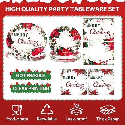 Dereinwo 100 PCS Christmas Paper Plates and Napkins | Bundle Includes Paper Oval Dinner Plates and Napkins for Christmas Party Supplies