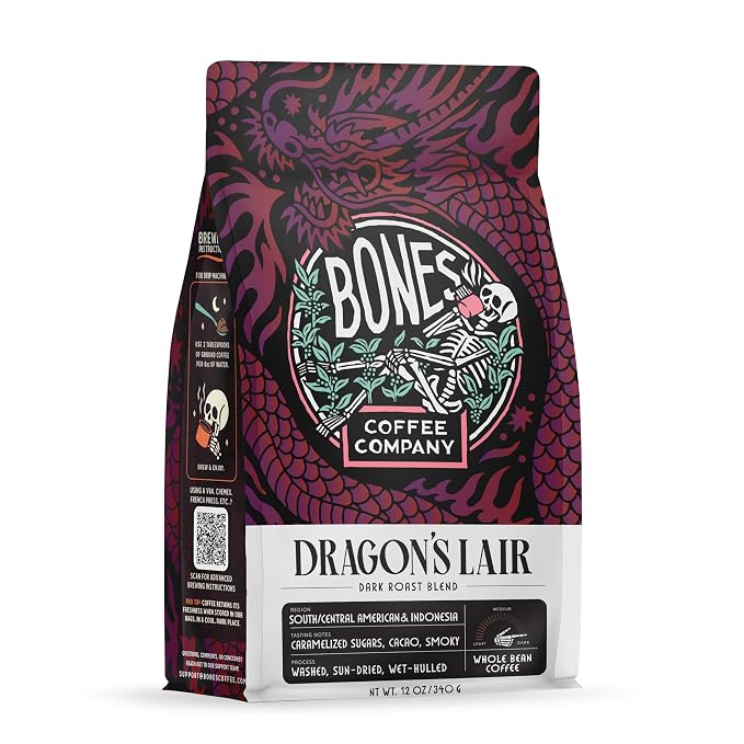 Bones Coffee Company Dragon's Lair - Dark Roast Coffee - Whole Bean - Low-Acid Arabica Coffee Beans - South/Central America and Indonesia Grown - Unflavored - 12 Oz