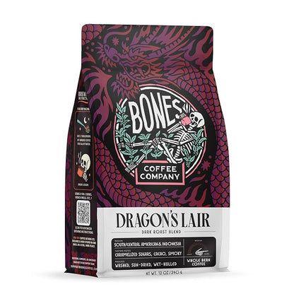 Bones Coffee Company Dragon's Lair - Dark Roast Coffee - Whole Bean - Low-Acid Arabica Coffee Beans - South/Central America and Indonesia Grown - Unflavored - 12 Oz
