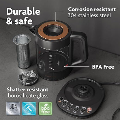 Viante Alba Electric Tea Kettle with Infuser, No Plastic In Contact With Water, 1.5L Borosilicate Glass, 304 Stainless Steel, 4 Temperature Presets, Keep Warm, Cordless, Auto Shut-Off, Black