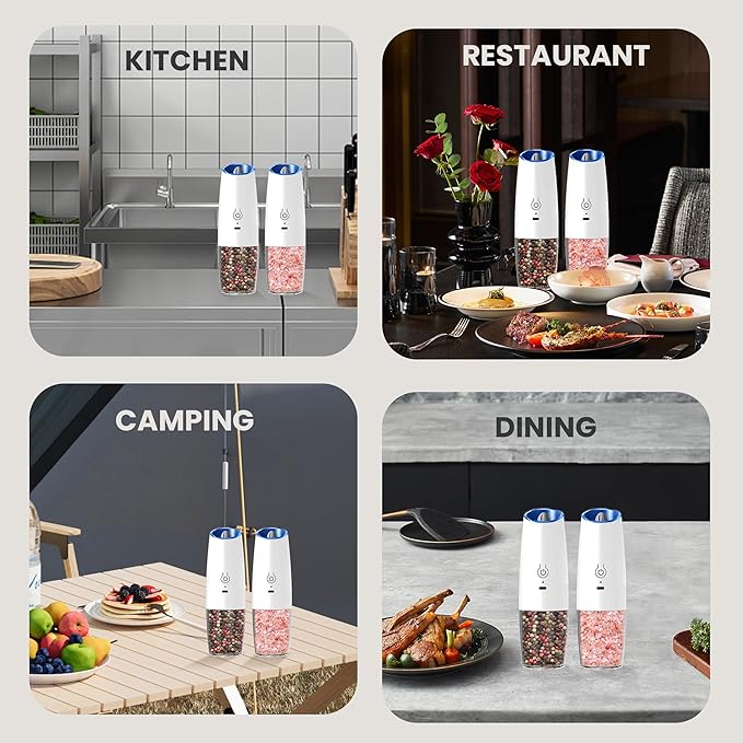 Rechargeable Salt And Pepper Grinder Set with LED Light, Automatic Electric Gravity Salt And Pepper Shakers Set, No Battery Needed, Adjustable Roughness, 2 Pack (White)