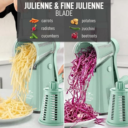 Zulay Kitchen Rotary Cheese Grater 5 Blade Cheese Shredder - Manual Hand Crank Cheese Grater With Reinforced Suction & 5 Interchangeable Drums - Easy to Use, Vegetable Chopper Round Mandoline Slicer