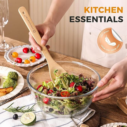 Wooden Spoons for Cooking Bamboo Utensils Set (6 Pieces) - Essential Tools Wooden Spoons & Spatula for Everyday Stirring, Mixing, Flipping & Serving, Gentle on Nonstick Cookware