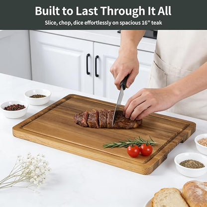 Teak Cutting Board for Kitchen, Teak Wood Chopping Boards with Juice Groove & Handles 16 Inch Wooden Hardwood Cutting Board Heavy Duty Butcher Block for Cooking and Serving