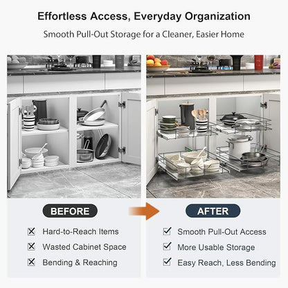 2 Tier Pull Out Cabinet Organizer - 20" W x 22" D Soft Close Slide Out Shelves with Shelf Liners - Pullout Drawers for Kitchen Cabinets, Pantry, Bathroom, Heavy Duty Steel Wire Baskets