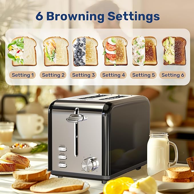 Simple Deluxe Stainless Steel 2-Slice Toaster, 6 Browning Setting and 3 Function Toaster, Extra Wide Slot, for Bread & Waffle, Black