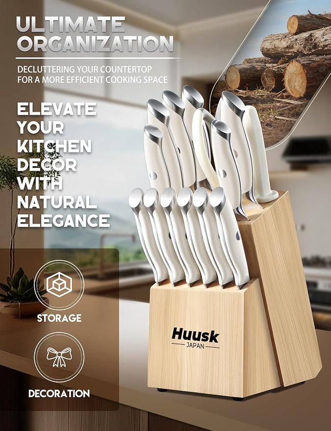 Huusk Knife Set with Block - 14 Pieces Japanese Stainless Steel Knives Blocks Set for Kitchen with Ergonomic Ivory White Handle Natural Wood Block Housewarming Gift for Women Men