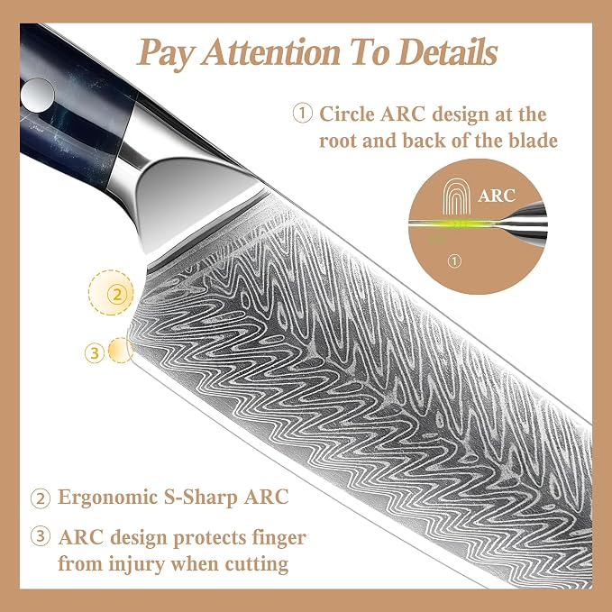 Classic Damascus Chef's Knife 8”, Thin, Light Super Sharp Kitchen Knife, Japanese Damascus Kitchen Knife for All-Around Food Preparation, Professional Resin Handle Chef Knife