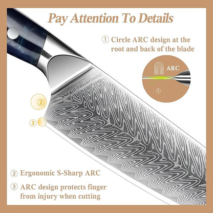 Classic Damascus Chef's Knife 8”, Thin, Light Super Sharp Kitchen Knife, Japanese Damascus Kitchen Knife for All-Around Food Preparation, Professional Resin Handle Chef Knife