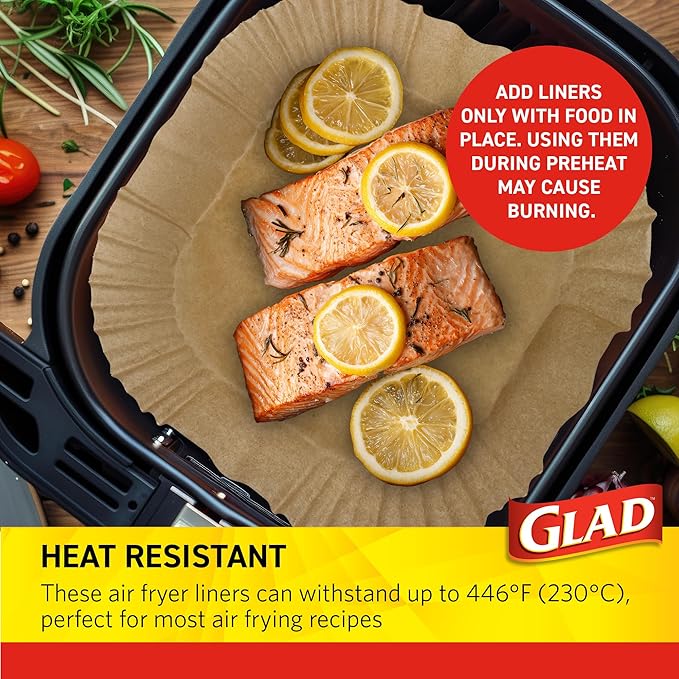 Glad Air Fryer Liners with Raised Walls, Nonstick Parchment, Heat Resistant to 446 Degrees F, Food-Grade, Rounded Square Shape, Fits Square and Round Air Fryers, 9", 100 Count