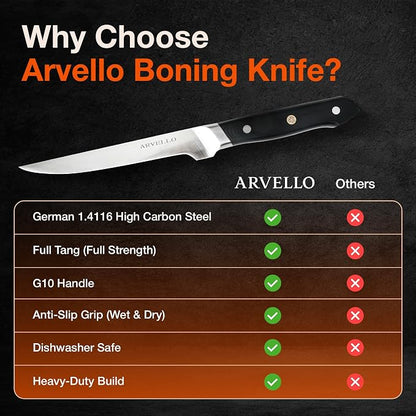 Arvello Boning Knife - 7-Inch Professional Deboning & Meat Trimming Knife for Home Cooking, Culinary Use - Full Tang High Carbon German Steel Blade, 58 HRC Ultra-Sharp Edge, Dishwasher-Safe G10 Handle