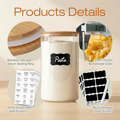 HomArtist Glass Jars with Bamboo Lids [Muti Size Set of 5], Glass Canisters with Airtight Lids, Glass Food Storage Containers for Pasta, Oats, Coffee, Flour, Sugar, Rice, Best for Kitchen & Pantry