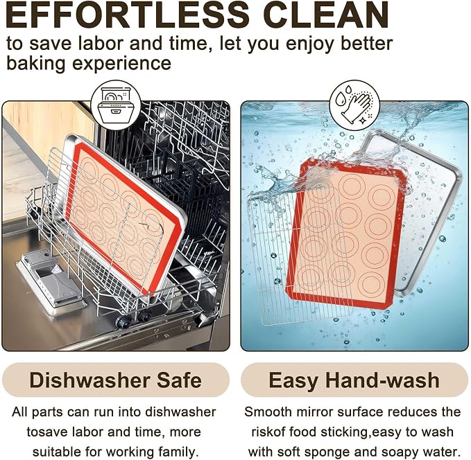 TeamFar Stainless Steel Baking Sheet, 16inch Baking Pans Cookie Sheets for Baking with Cooling Rack & Silicone Baking Mat - 2 Sheet Pans + 2 Roasting Racks + 2 Silicone Mats, Non Toxic, Easy Clean
