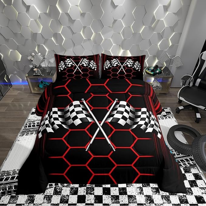 Manfei Extreme Sports Theme Comforter Set with 2 Pillowcases,Checkered Flag Super Soft Microfiber Bedding Set for Adults Teens,Red Honeycomb Geometric Duvet Set for Room Decor,King