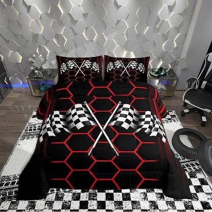Manfei Extreme Sports Theme Comforter Set with 2 Pillowcases,Checkered Flag Super Soft Microfiber Bedding Set for Adults Teens,Red Honeycomb Geometric Duvet Set for Room Decor,King