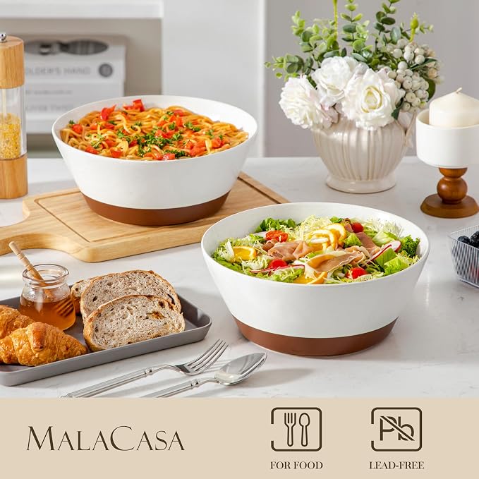 MALACASA Serving Bowls, 105oz Large Salad Bowls for Party, Entertaining, Big Ceramic Bowls for Soup, Fruit and Pho, 2-Pc Wide Bowl Set, White & Brown