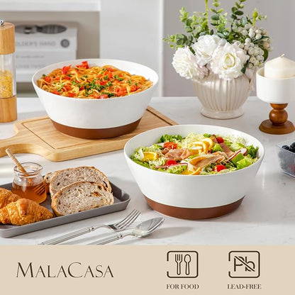 MALACASA Serving Bowls, 105oz Large Salad Bowls for Party, Entertaining, Big Ceramic Bowls for Soup, Fruit and Pho, 2-Pc Wide Bowl Set, White & Brown