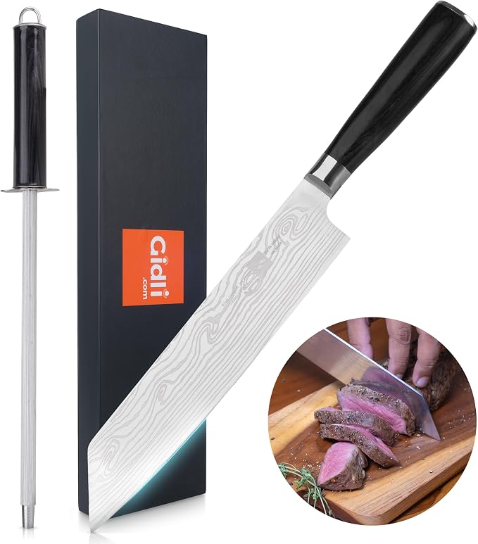 Gidli 8 Inch Chef Knife with Diamond Sharpener - Sharp German Carbon Stainless Steel Kitchen Knife for Precision Cutting - Ergonomic Wooden Handle for Comfortable Slicing and Chopping