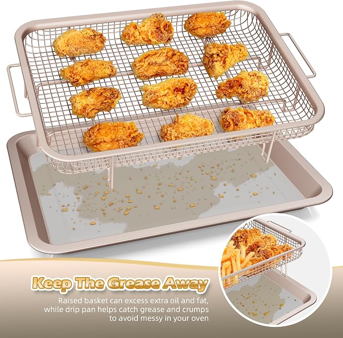 Air Fryer Basket for Oven, OPENICE 2 Set Oven Air Fryer Basket and Tray with 60 Pcs Parchment Papers, Air Fryer Pan Crisper Tray Set for Crisping, Frying - Golden