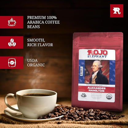 Rojo Elephant Caffeinated Ground Coffee, Single Origin Arabica Beans, Naturally Low Acid, Premium Ground Coffee (11 oz Bag) (Light Roast - Alexander Hamilton)