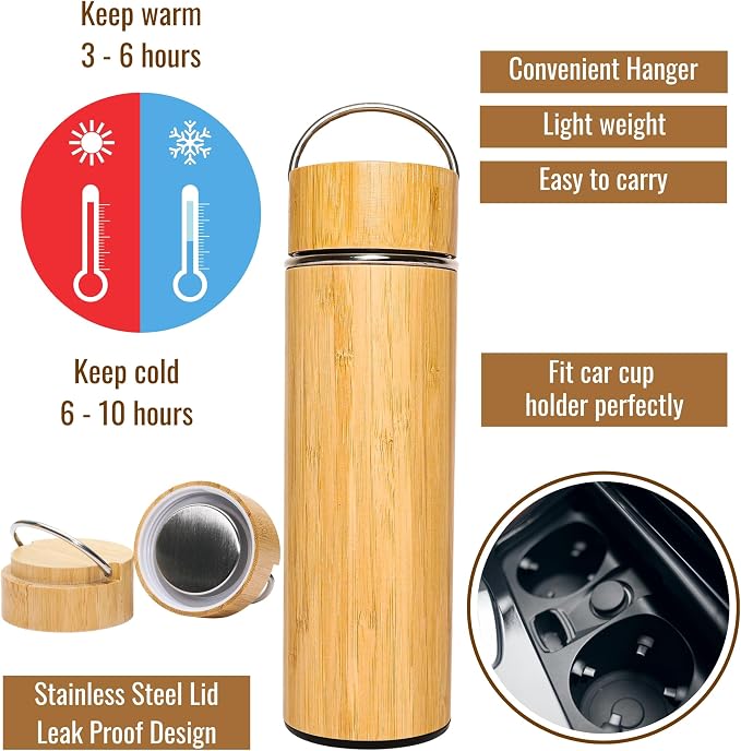 Bamboo Water Bottle Tea Tumbler 15 oz Set of 25 pcs Wide Mouth Leak Proof Insulated Double Wall