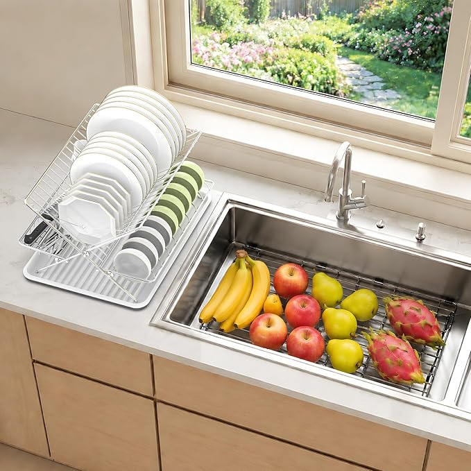 Over The Sink Dish Drying Rack, 3 Tier Large Capacity Stainless Steel Collapsible Foldable Dish Drainer, Space Saving for Kitchen Counter with Utensil Holder and Drainboard (Upgraded)