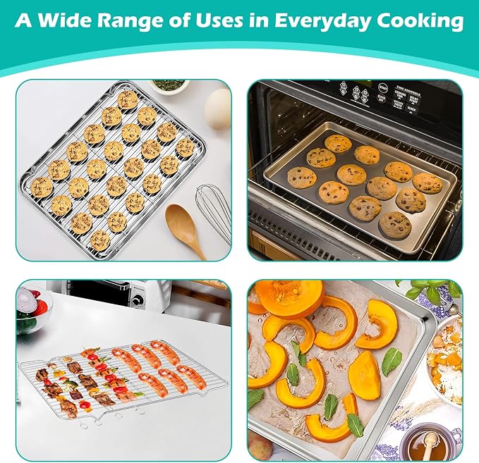 Baking Sheet with Rack Set (2 Pans + 2 Racks), Stainless Steel Cookie Sheets,Cookie Pan with Cooling Rack, Nonstick Baking Pan,Easy Clean,Heavy Duty,Oven & Dishwasher Safe, 16 x 12 x 1 Inches