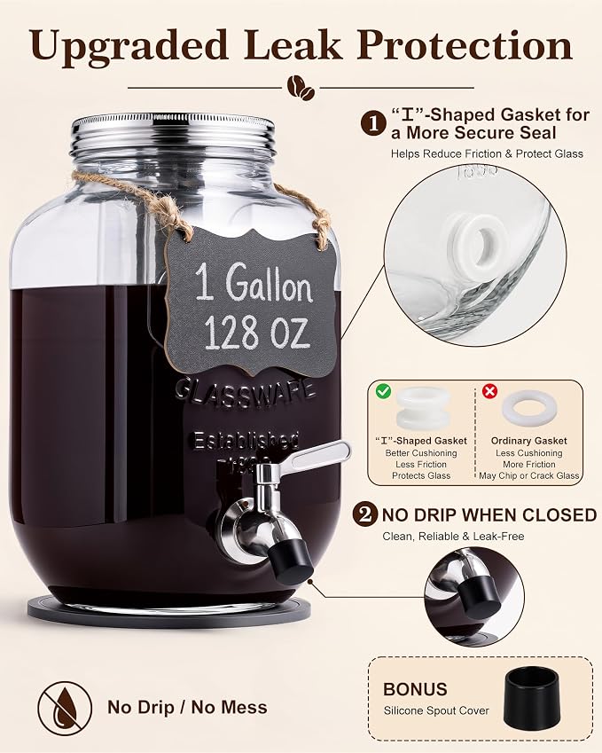 OneDream 1 Gallon Cold Brew Coffee Maker, Glass Cold Brew Pitcher with Stainless Steel Filter and Spigot, Iced Coffee Maker for Fridge with Silicone Vent Lid, Sun Tea Brewer