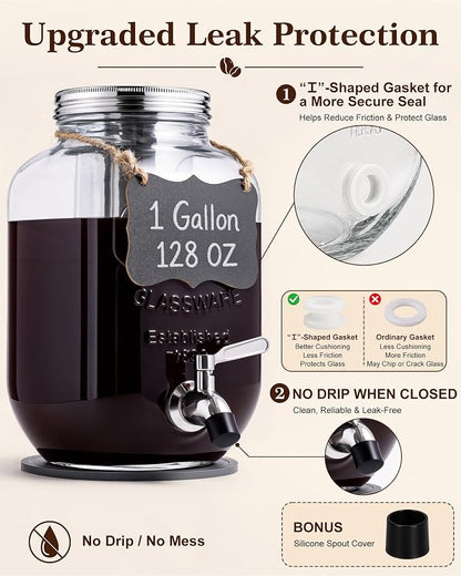 OneDream 1 Gallon Cold Brew Coffee Maker, Glass Cold Brew Pitcher with Stainless Steel Filter and Spigot, Iced Coffee Maker for Fridge with Silicone Vent Lid, Sun Tea Brewer
