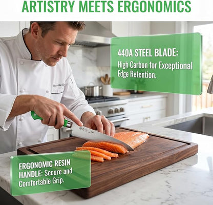 Japanese Chef Knife 9.5 inches, Professional Sushi Knife with Green Ergonomic Handle for Household or Work